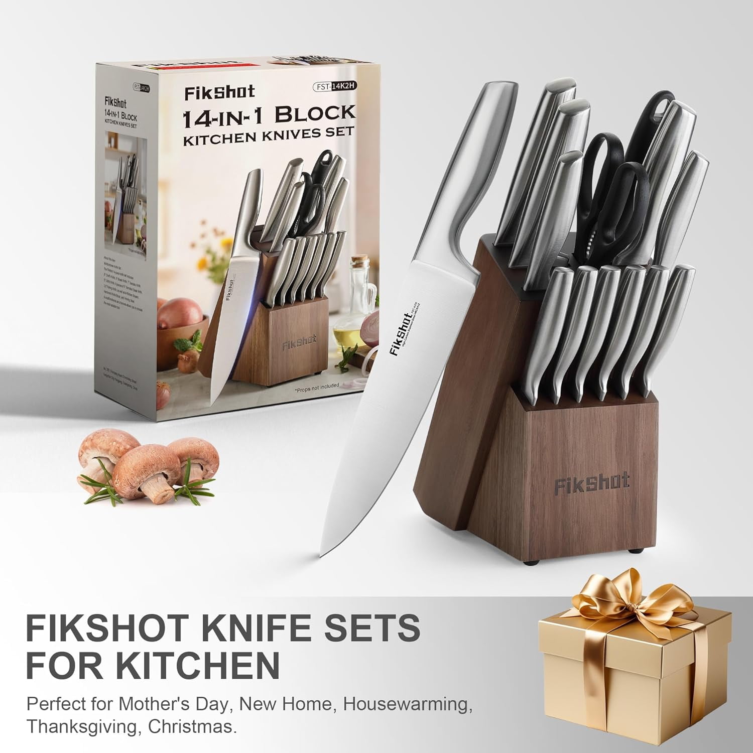 Knife Block Set, Kitchen Knife Sets with Block, FIKSHOT Knives Set for Kitchen - - Santoku Knife, Fruit and Kitchen Sets - Rust Resistant for Homecooks (Silver + Walnut)