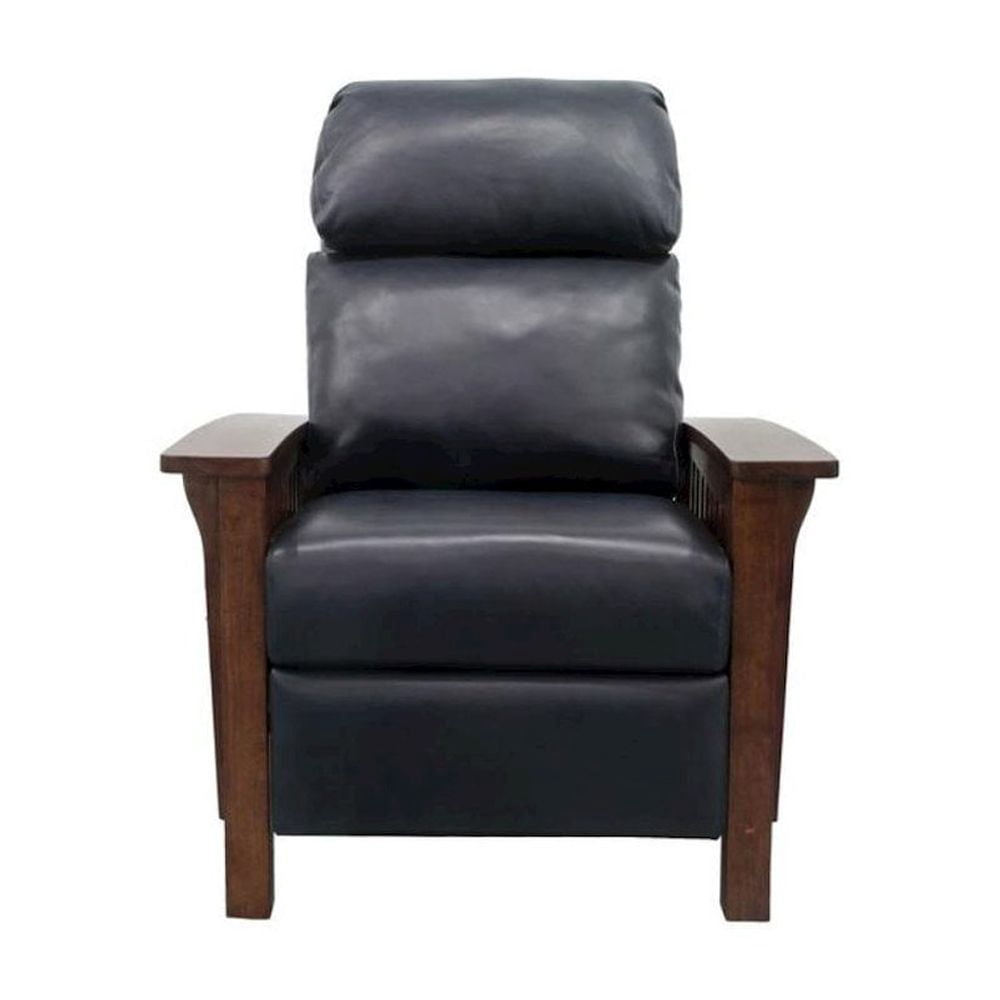 Starlight Canyon Home Dark Blue Leather Reclining Chair with Wood Arms and Manual Recliner