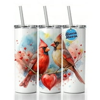 Cardinals In Love With Hearts Valentine's Day 20oz Insulated Water Bottle Skinny Tumbler Includes Straw