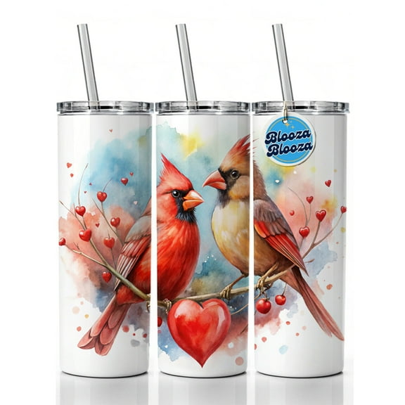 Cardinals In Love With Hearts Valentine's Day 20oz Insulated Water Bottle Skinny Tumbler Includes Straw