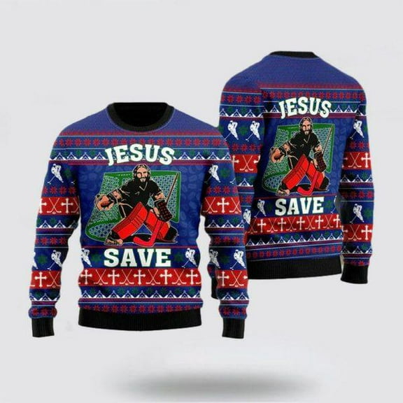 Christian Sweater, Jesus Saves Hockey Ugly Christmas Sweater, Jesus Christmas Sweater, Jesus Saves Shirt