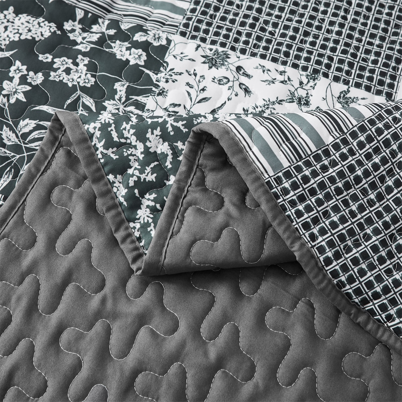 Dintszyayue Grid Patchwork Quilt Set King Size, 3Pcs Gray Bedding Sets Lightweight Adult(90"x110")