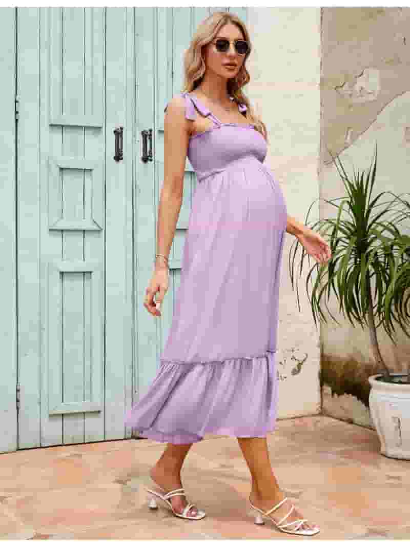Women's Maternity Maxi Dress - Sleeveless Square Neck Boho Summer Dress With Smocked Top
