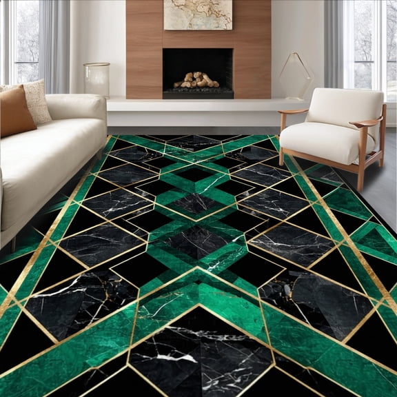ODIKA 4'x6' Machine Washable Non-Slip Area Rug, Contemporary Black Marble & Green Geometric Intersecting Motif High Traffic Rug, Green, 137180