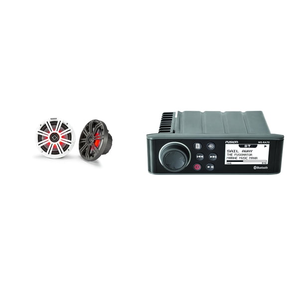 Fusion Entertainment MS-RA70 Marine Entertainment System with Bluetooth w/ KM65 6.5-Inch (165mm) Marine Coaxial Speakers with 3/4-Inch Tweeters, LED, 4-Ohm, Charcoal and White Grilles