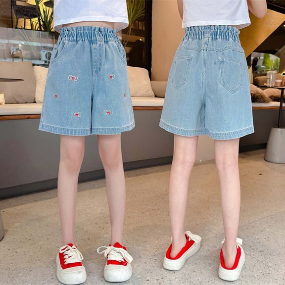 Girls Jean Shorts Elastic Waist Loose Fit Casual Denim Shorts Comfortable Lightweight Beach Summer Clothing Blue Size 16-17 Years