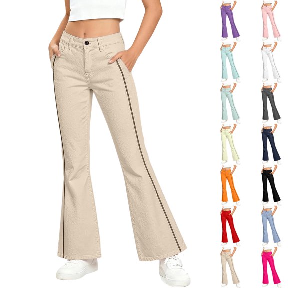 YaEYa Girls School Uniform Pant Striped Slim Fit Bell Bottom Trousers Fitted Flare Leg Pants High Waist With Side Pocket Button Fly Trouser Preppy Outfit (Blue,7-8 Years)