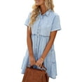 thumbnail image 3 of Genuiskids Women's Summer Denim Dress Short Sleeve Button Down Flowy Tiered Solid Color Lapel Casual Denim Skirt, 3 of 6