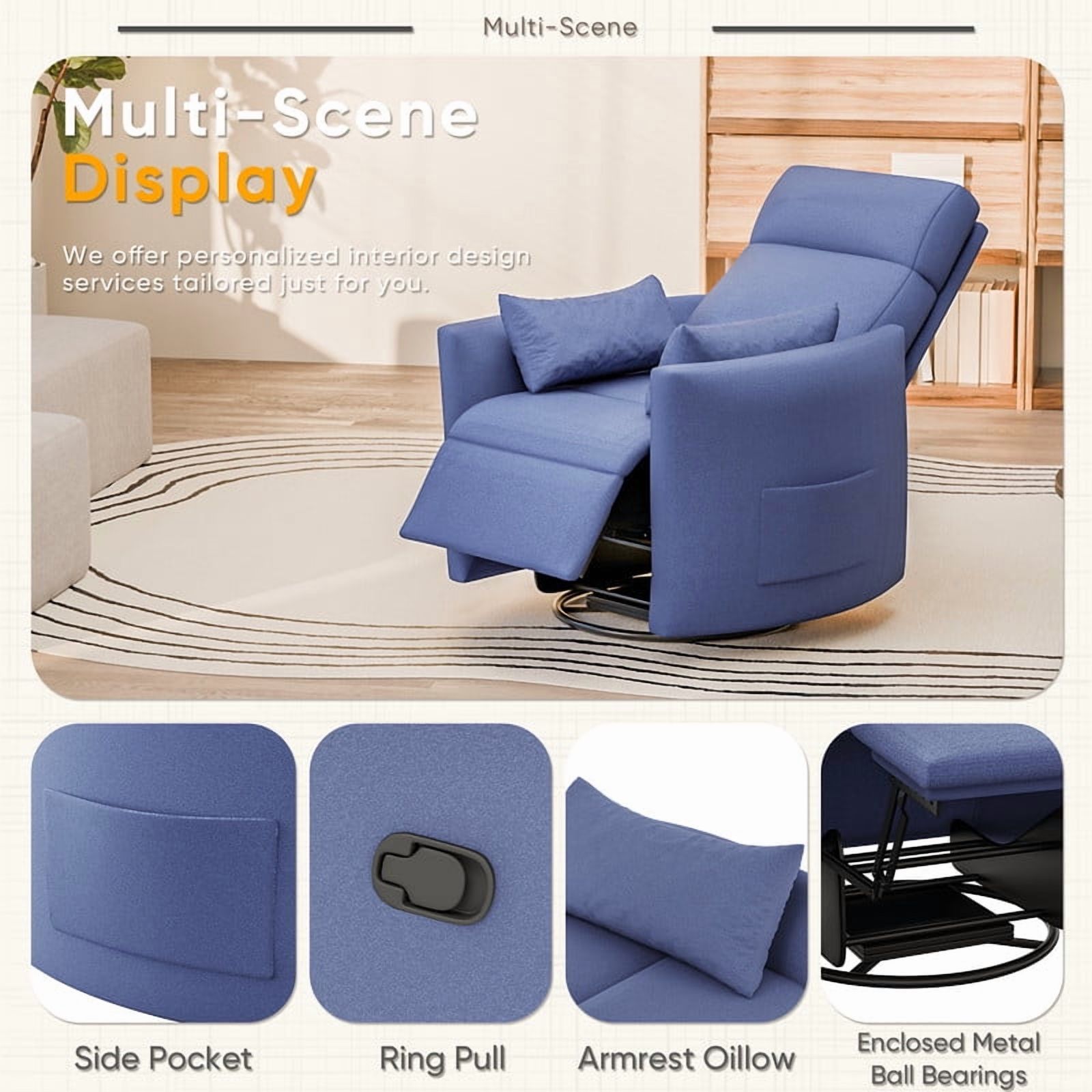 Homall 360° Swivel Nursery Recliner Power Swivel Rocker Recliner Chair with 2 Pillows Comfy High Back Adult Glider Rocker for Living Room,Loop Yarn Blue