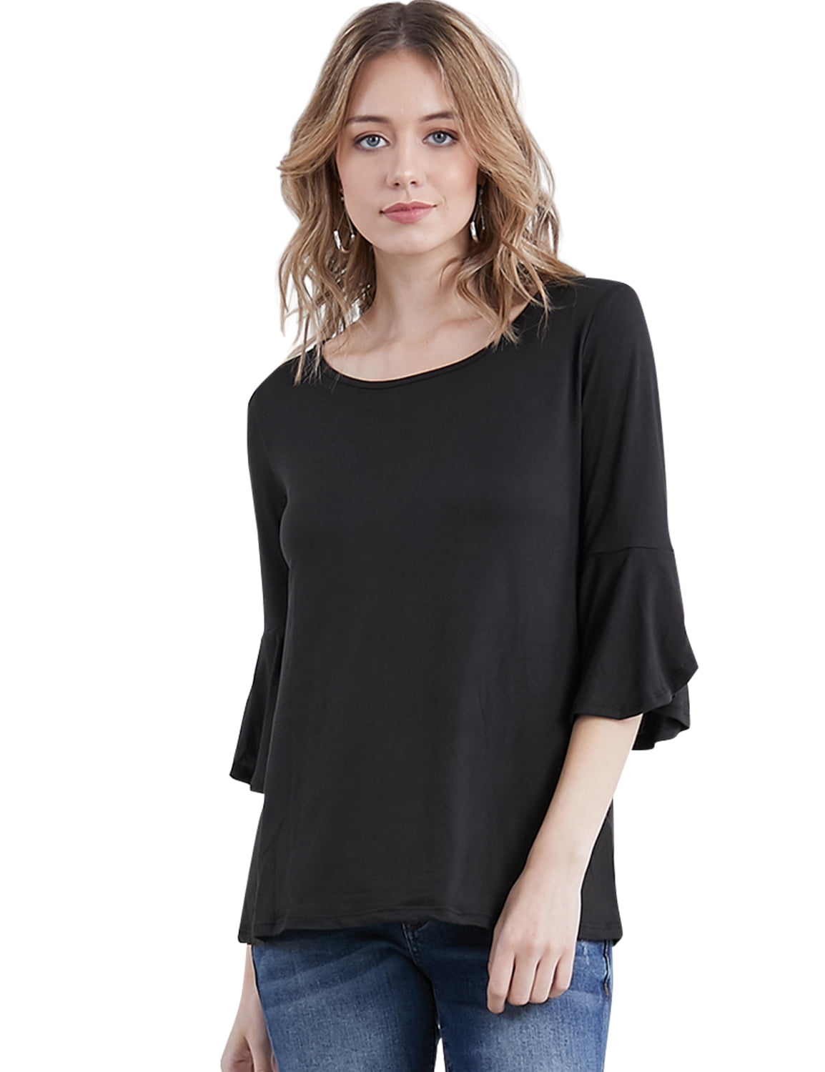 Doublju Women's Ruffle Detail 3/4 Sleeve Peplum T-Shirt with Plus Size ...