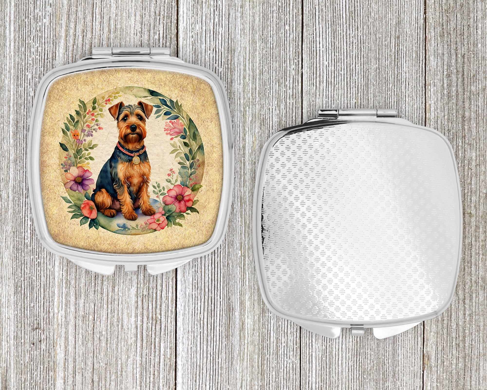 Welsh Terrier and Flowers Compact Mirror 2.75 in x 3 in