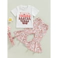 thumbnail image 2 of Bagilaanoe 3pcs Toddler Baby Girl Long Pants Set Letter Print Short Sleeve T-shirt Tops + Flare Trousers 6M 12M 18M 24M 3T 4T Kids Casual Outfits, 2 of 9