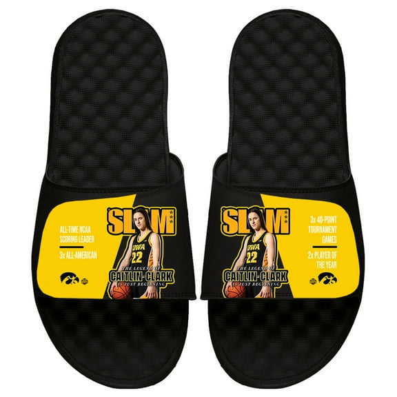 Youth ISlide Caitlin Clark Black Iowa Hawkeyes Slam Collage Slide Sandals
