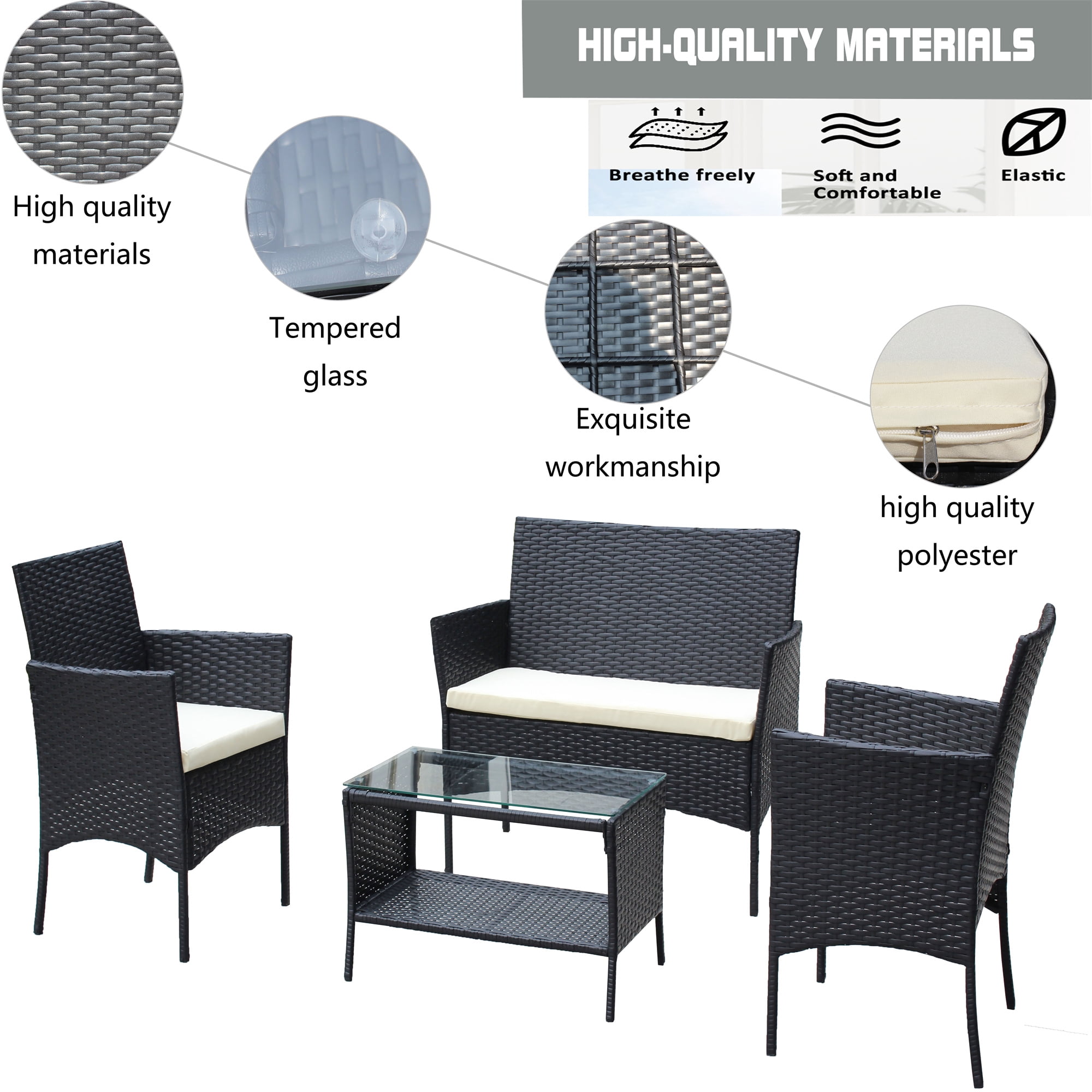 Aukfa 4 Piece Rattan Outdoor Patio Conversation Sofa Set with Table & Cushions, Beige