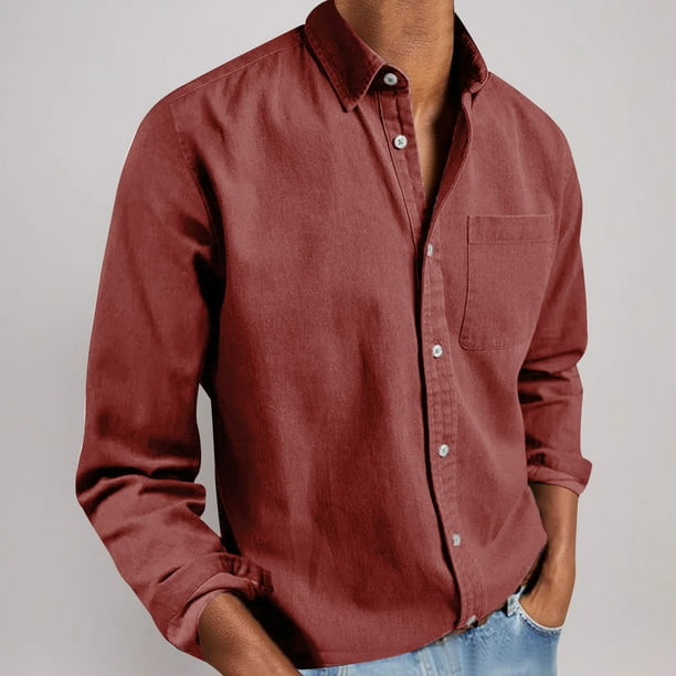 Blusa y camisa de manga larga con cuello vuelto para hombre, informal, lisa, de manga larga, con bolsillos, cuello vuelto y botones, blusa de poliéster para hombre