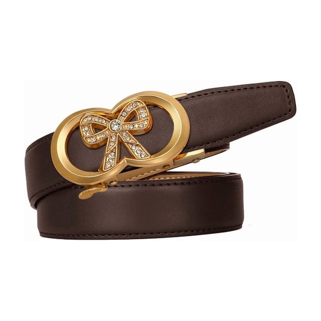 Catelles Women's Brown Cowhide Leather Belt with Rhinestone-Adorned Gold Alloy Automatic Buckle Elegant Fashion Accessory for Casual Pants,Gift Box &length 105cm Width 2.4cm