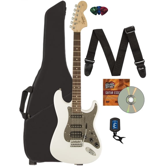 Fender Squier Affinity Stratocaster HSS Electric Guitar with Gig Bag, Tuner, Strap, Picks and Austin Bazaar Instructional DVD, Olympic White