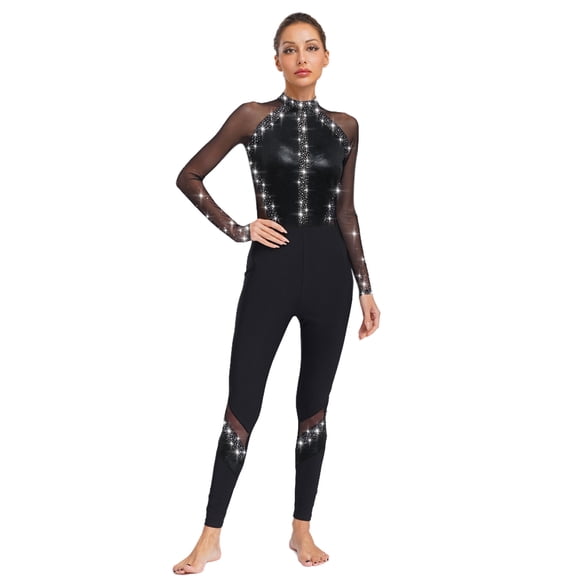 vastwit Women Dance Unitard Gymnastics Leotard Long Sleeve Mock Neck Sparkly Color Block Jumpsuit One Piece Bodysuit Black M