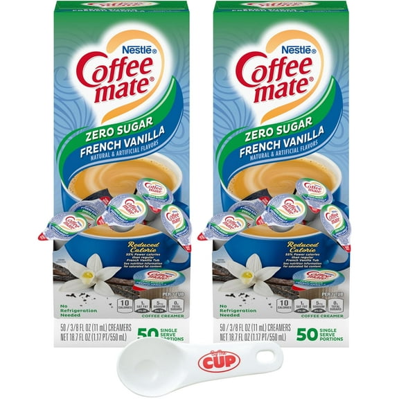 Nestle Coffee mate Liquid Coffee Creamer Singles, Zero Sugar French Vanilla, 50 Ct Box (Pack of 2) with Coffee Scoop