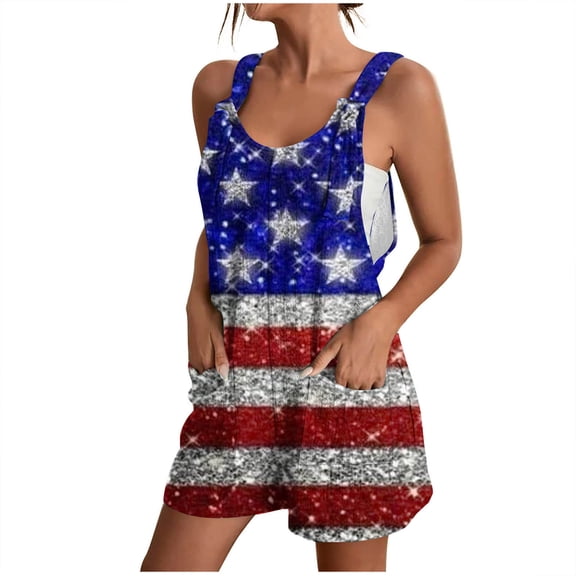 WAGUTH Rompers for Women 4th of July Print Short Jumpsuit Sleeveless Adjustable Strap Casual Playsuit with Pockets