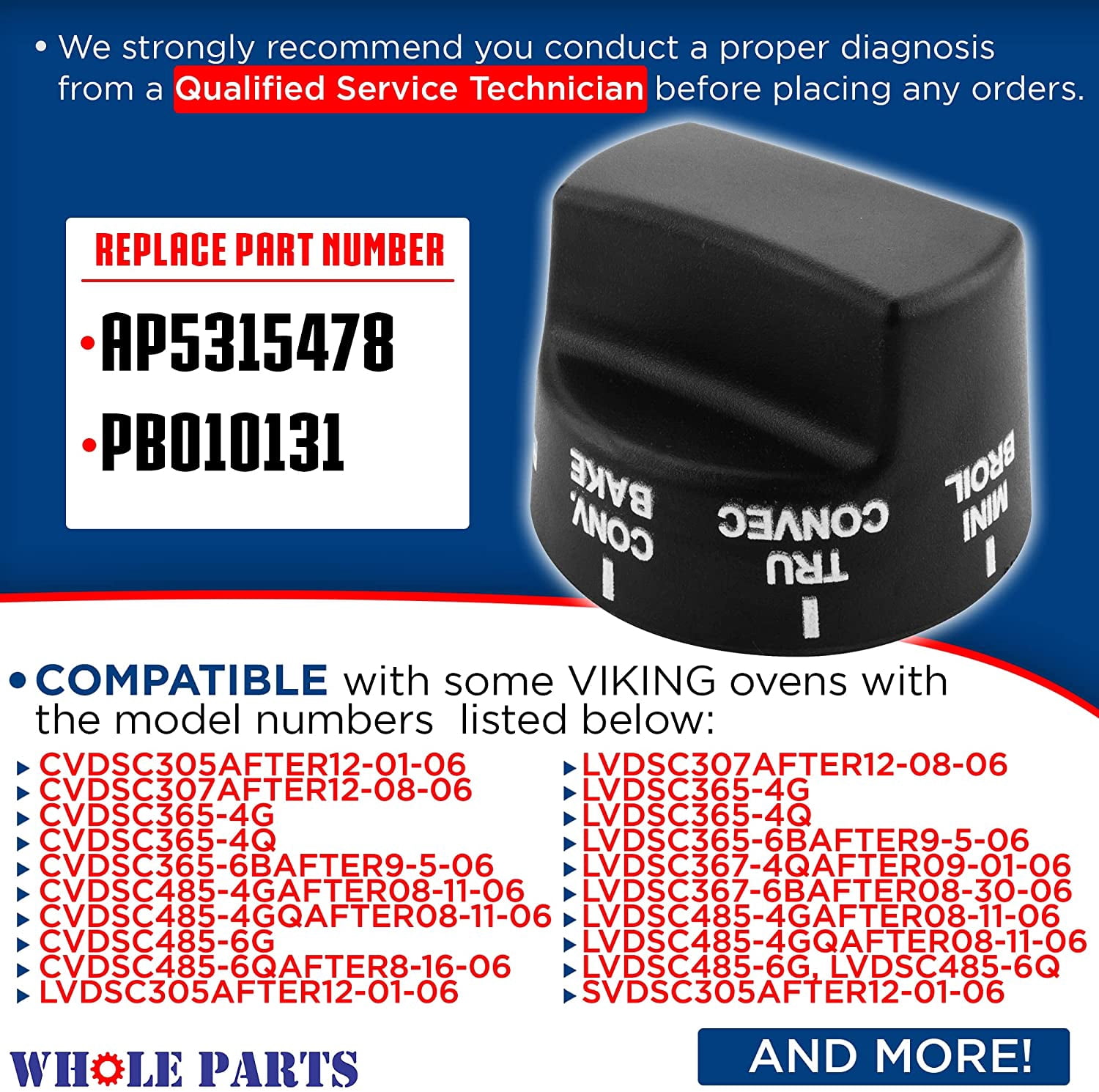 Whole Parts Oven Select Knob Part # PB010230 - Replacement & Compatible With Some Viking Ovens