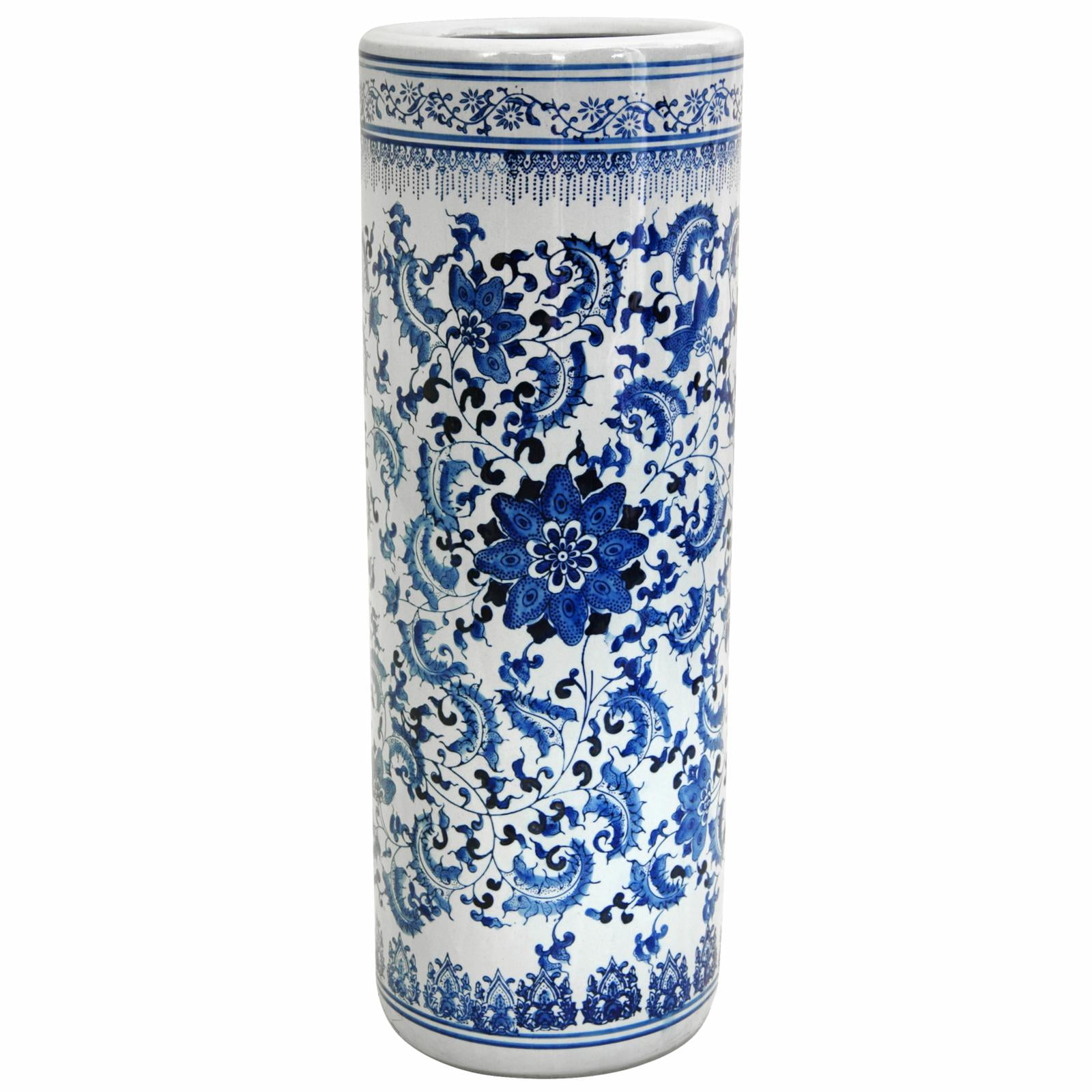 Umbrella Stand Stick Holder Round Blue & White Flowers 18" Tall Ceramic Storage 