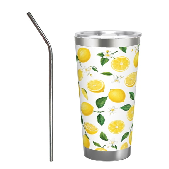 20oz Lemon Pattern Tumbler Insulated Car Cup Travel Coffee Cup Citrus Summer Gift for Women with Stainless Steel Straw