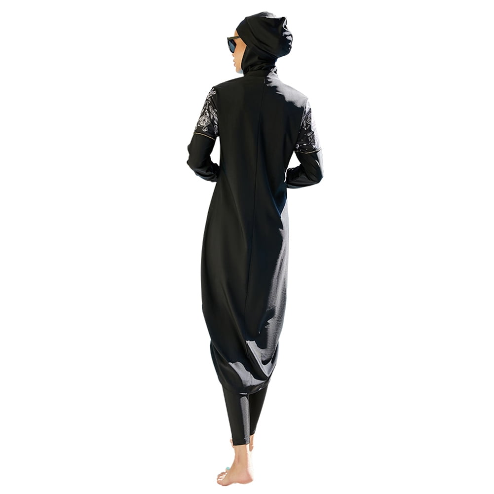 IBTOM CASTLE Muslim Swimsuits for Women Modest Islamic Arabic Swimwear Burkini Full Cover Hijab Top Pants Swimming Cap Bathing Suits XL Black - Ruched Hem