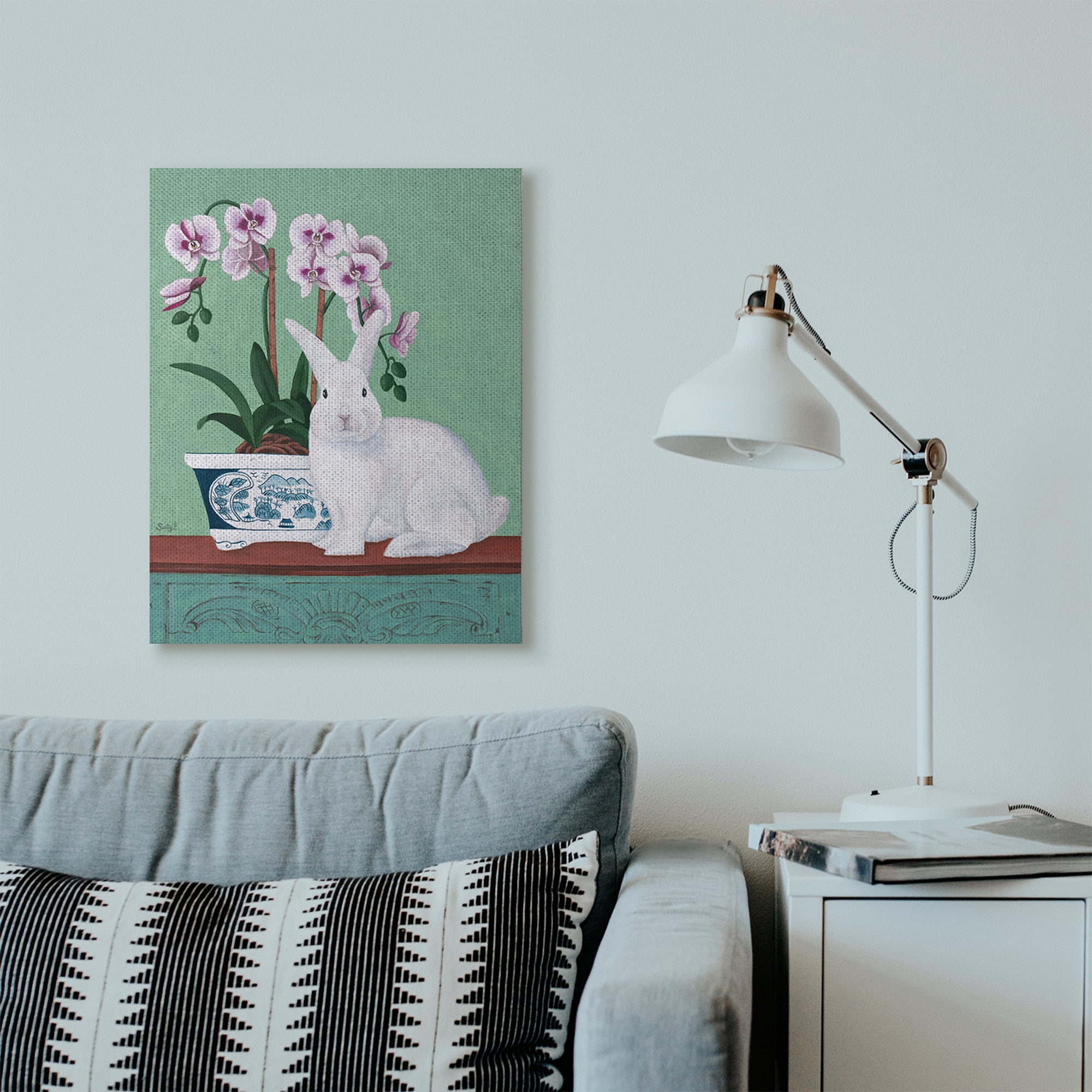 Stupell Home Décor Rabbit and Flowers Pink Green Animal Painting Canvas Wall Art by Sally B