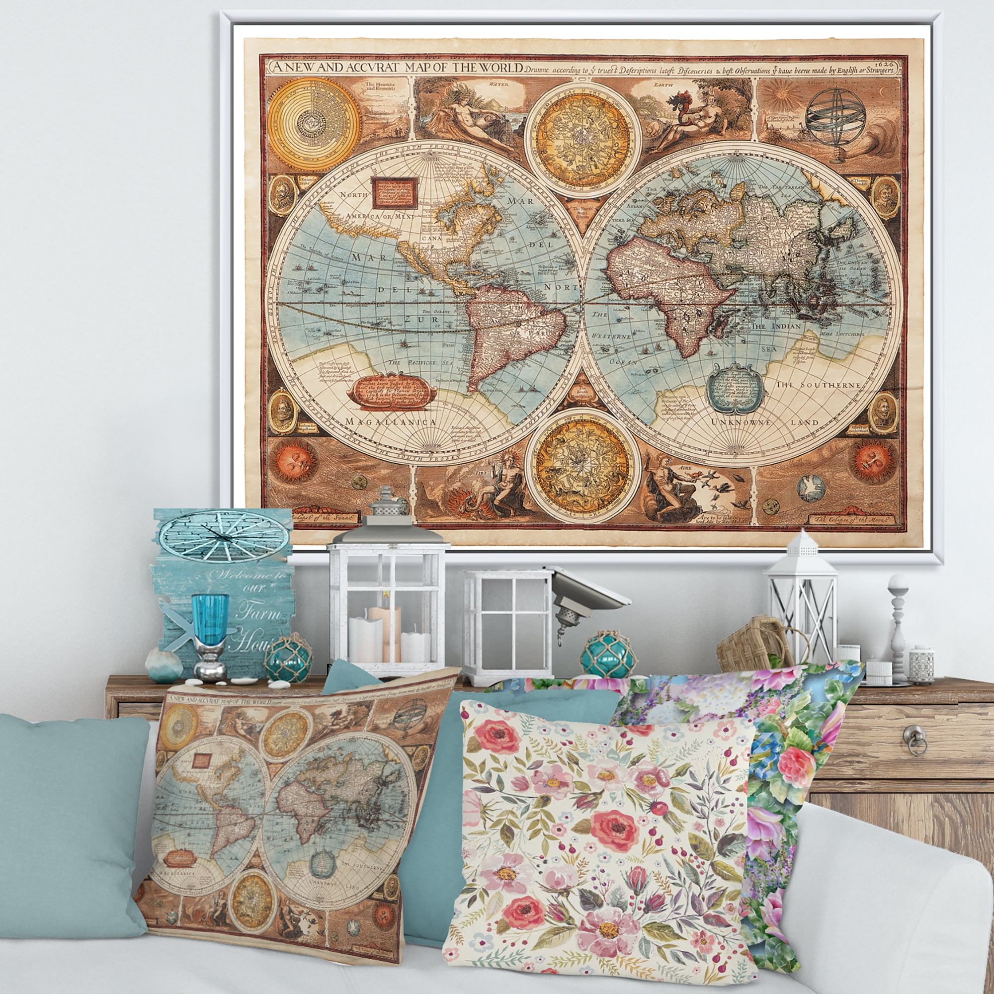 Designart 'Vintage Map of The World VIII' Vintage Framed Canvas Wall Art Print