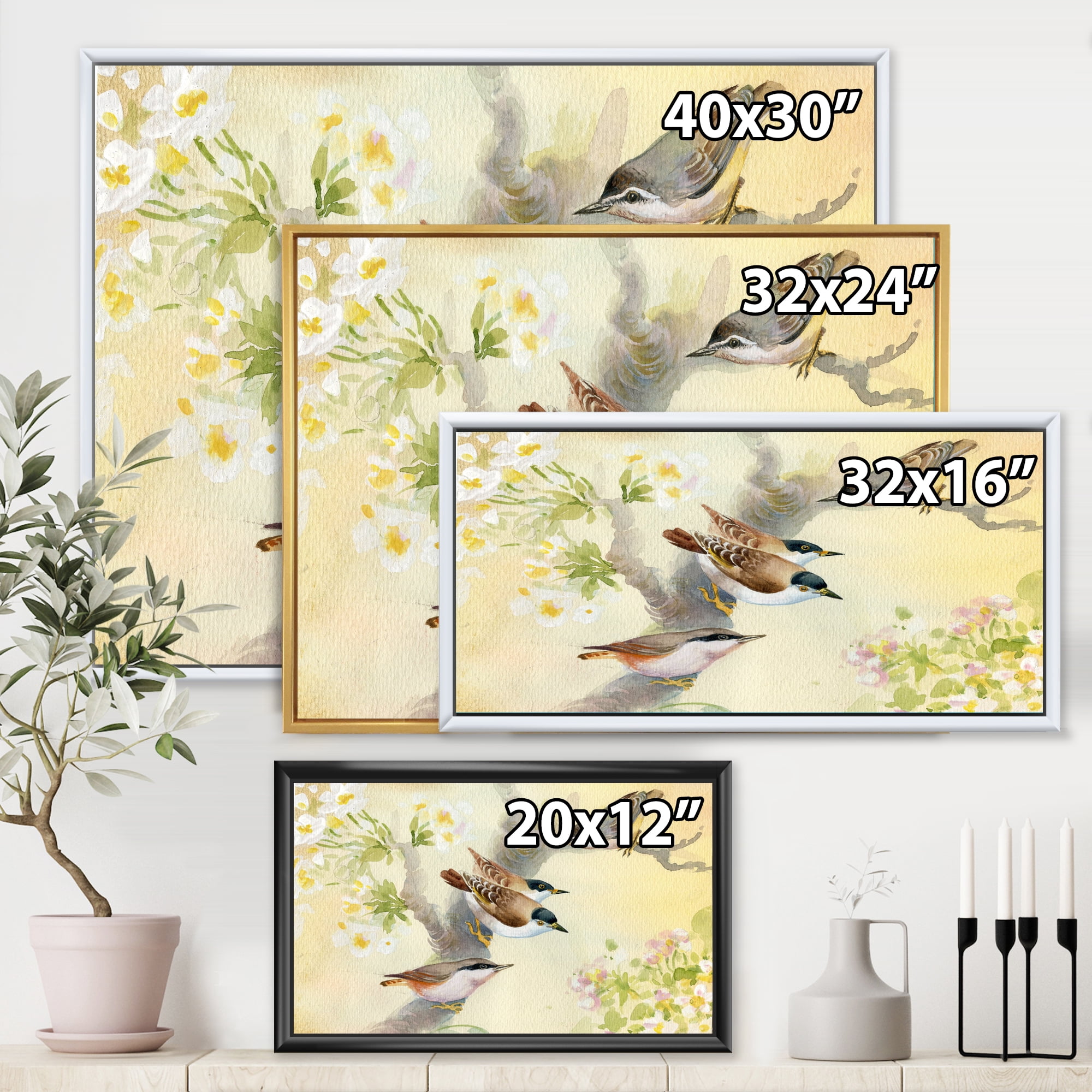 Designart 'Birds Sitting On A Blossoming Apple Tree' Traditional Framed Canvas Wall Art Print