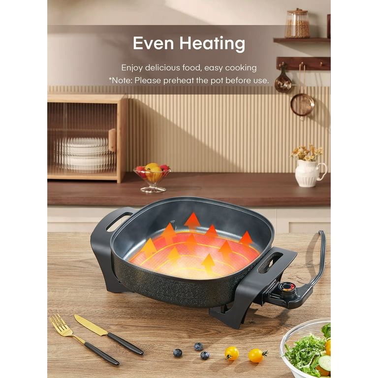 FOHERE Electric Skillet,12 inch Deep Non Stick,Standable Glass Lid,3 Marked Heating Levels,1360W
