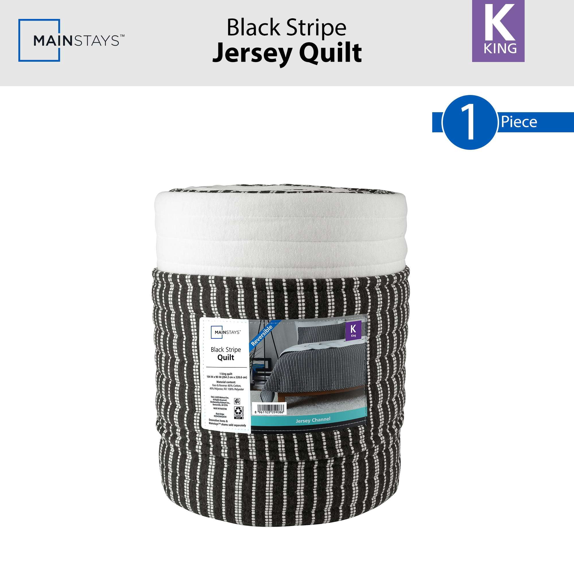 Mainstays Jersey Quilt Bedding Black Striped 60% Cotton, 40% Polyester Jersey Knitted Weave Quilts, King - Reversible, Breathable