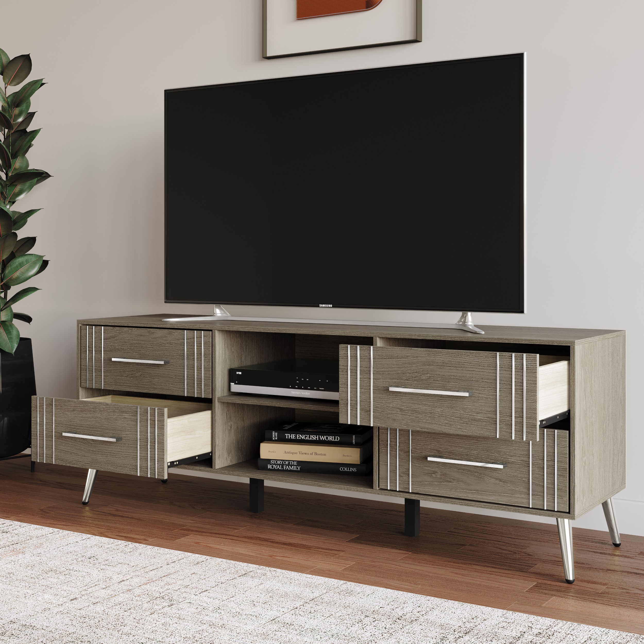 Home Design Ashwin TV Stand with Storage Shelves and Drawers, Gray, Easy Assembly