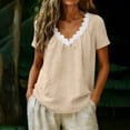 thumbnail image 2 of TEAJOPSUU Women's 100% Cotton Tops Short Sleeve Lace Tirm V Neck T Shirts Casual Loose Fit Summer Blouses Khaki, 2 of 6