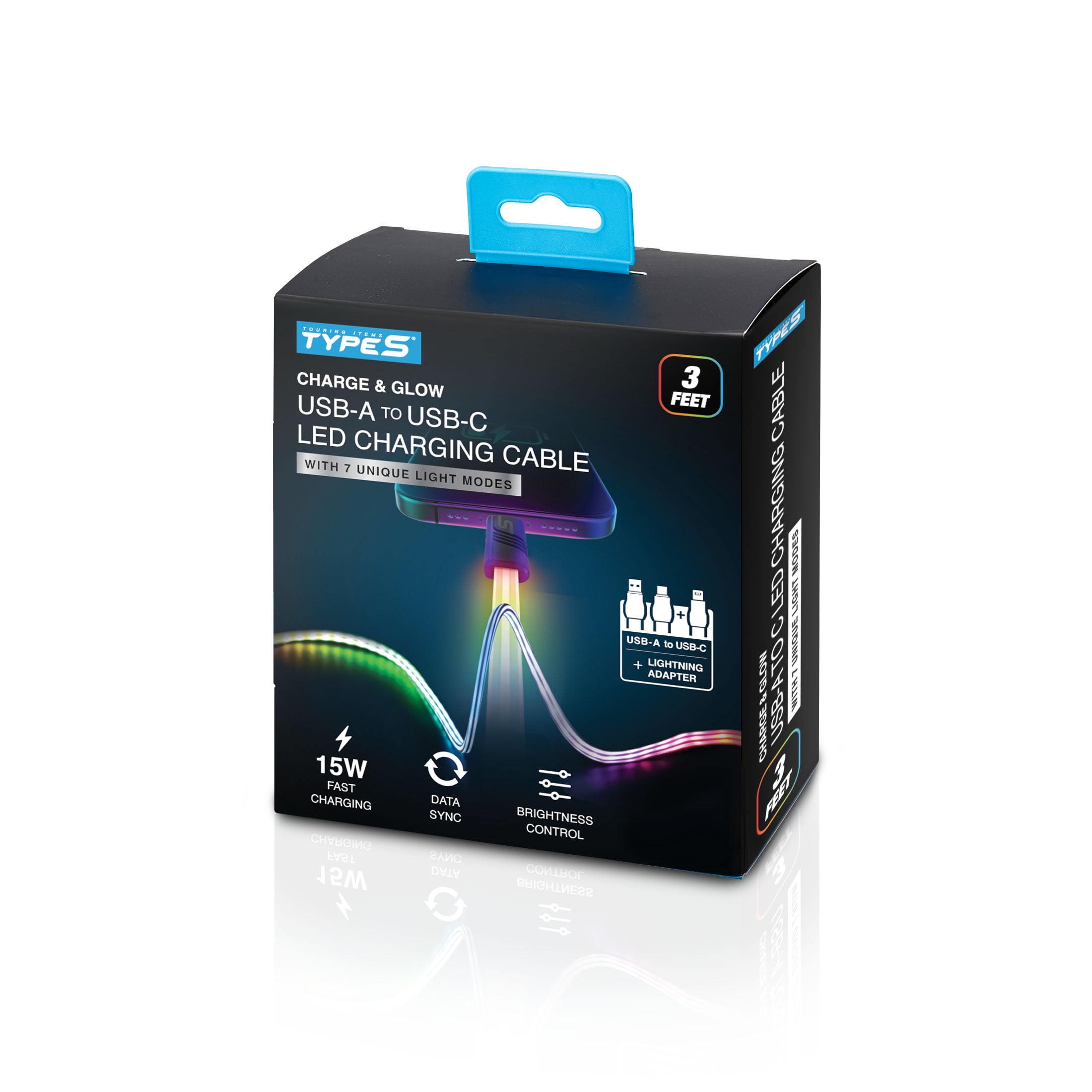 TYPE S Charge & Glow LED Charging Cable, USB-A to USB-C with Lightning Adapter, 3 FT, 10+ Light Modes with Touch Button Control, AC535224