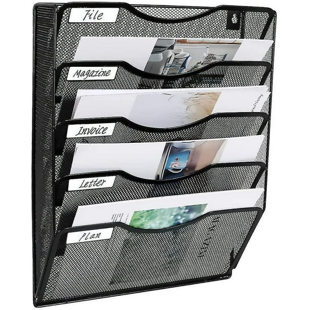 Archivador de pared de malla con 5 bolsillos, carpeta de archivos colgante para oficina, revistero, clasificador de correo, etiqueta con nombre incluida, negro