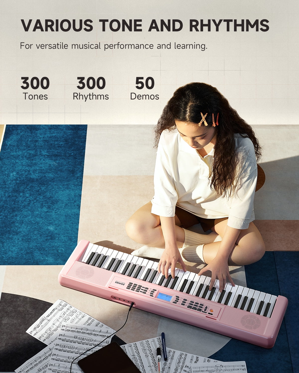 Donner DEK-200 61 Key Piano Full-Size Electronic Keyboard Set, Dual Keyboard, Auto Accompaniment, Metronome, Record, Includes 300 Tones and Rhythms, with Stand, Bench, Microphone, Pink