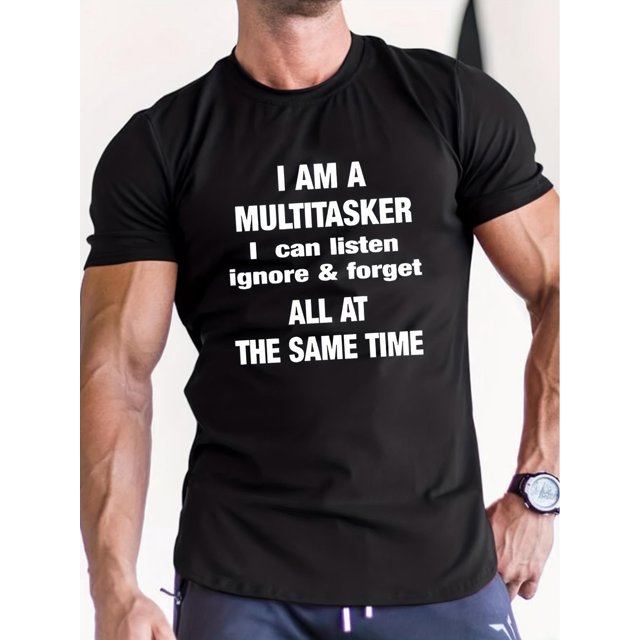 Men's Casual Crew Neck T-Shirt, Knit Fabric, Short Sleeve, Regular Fit, with Multitasker Print, for Daily & Weekend Wear, Machine Washable Top|Humorous Print|Glossy TextureFather's Day, Mother's Day