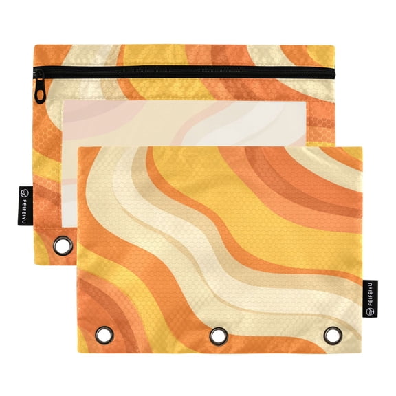 2 Pack 3 Ring Binder Pouch with Clear PVC Window Water Resistant Zipper Pencil Pouch Orange Color Clash Pattern Binder Pocket for Classroom Office Home Stationery Organization