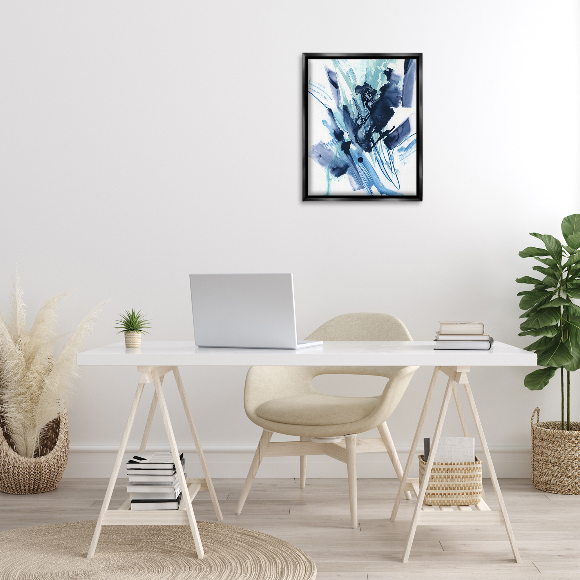 Stupell Industries Restless Blue Splash Abstract Painting Black Floater Framed Canvas Art Print Wall Art, 17 x 21
