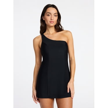 Time and Tru Women's and Women's Plus Size One Shoulder Swim Dress, Sizes XS-3X