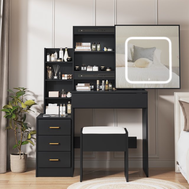 Towallmark Modern Vanity Desk with Sliding LED Mirror, 4 Drawers, Power Outlet, Storage Shelves, Adjustable Lighting, Cushioned Stool – Bedroom Makeup Table, Black