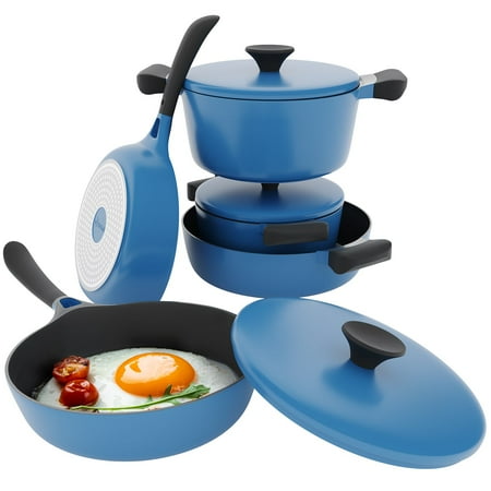 Vremi 8 Piece Ceramic Nonstick Cookware Set Induction Stovetop Compatible Dishwasher Safe Non Stick Pots and Frying Pans with Lids  Blue