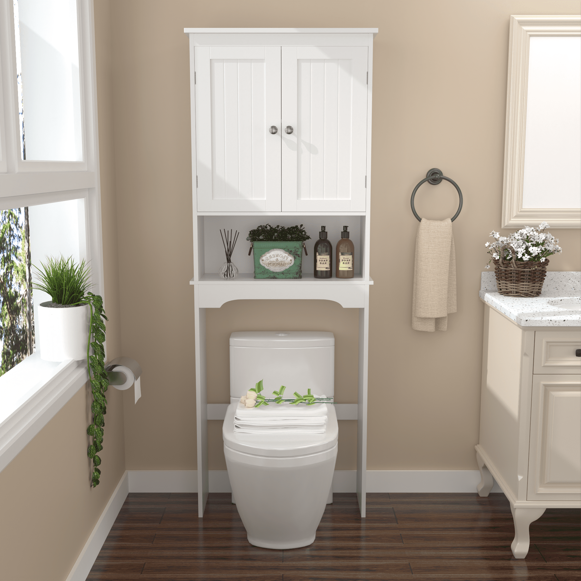 Yoneston Over The Toilet Storage Cabinet with Adjustable Shelves, Wood Bathroom Space Saver with Door, White
