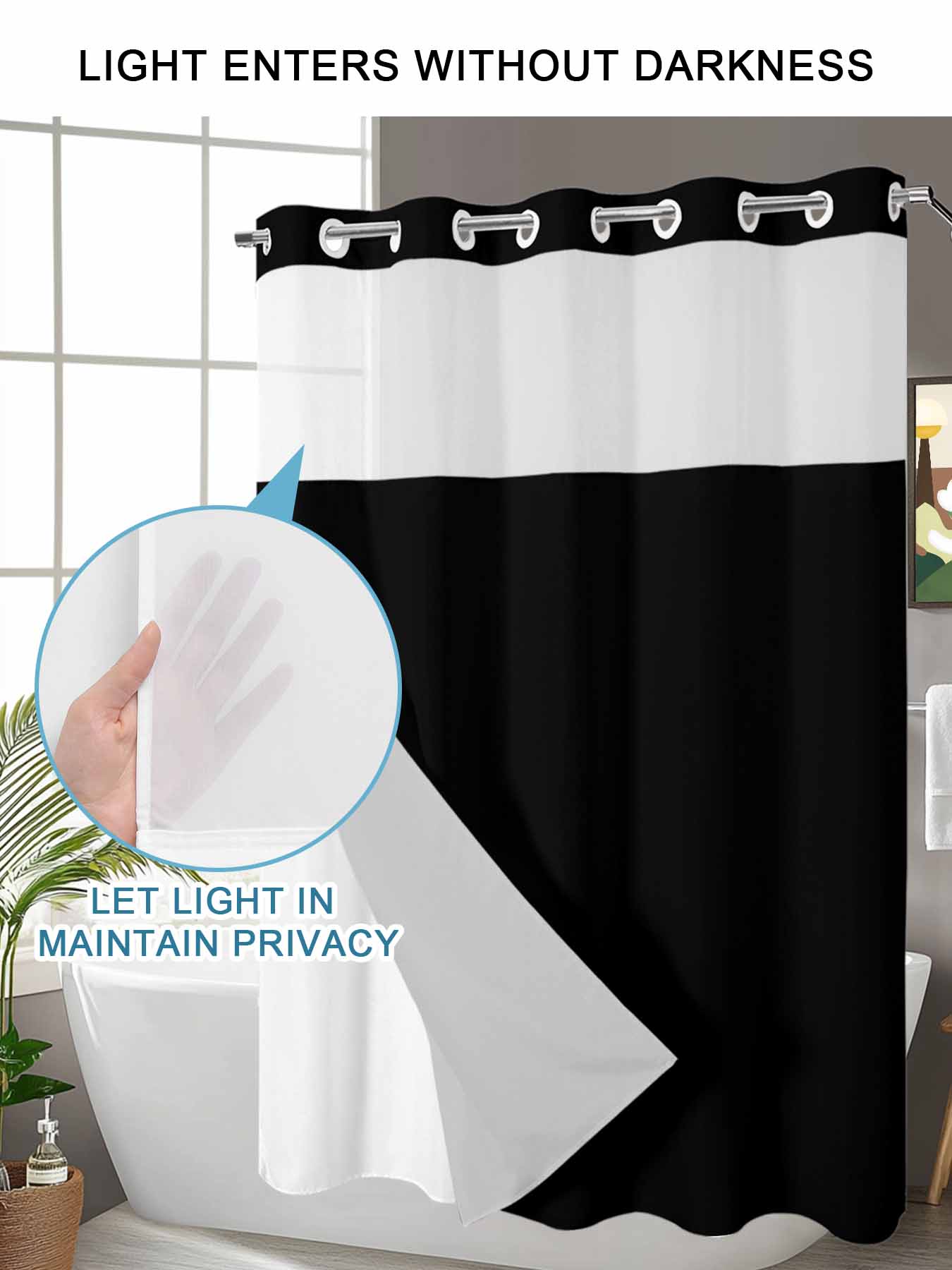 No Hook Shower Curtains with Detachable Snap-in Liner Set, Pure Black Waterproof Hotel Style Bathroom Shower Curtain, Simple Solid Color Breathable Mesh Top Window Bath Curtains 60''x72''