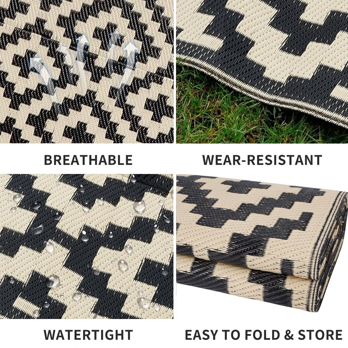 Kzaei Waterproof Outdoor Rug, 4'x6' Reversible Plastic Camping Area Rugs, Black & Beige