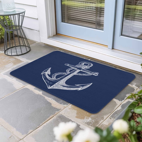 Nautical Anchor Door Mat Indoor Outdoor,Navy Blue Coastal Marine Minimalist Rope Non Slip Welcome Mat with Rubber Backing,Absorbent Fabric Front Door Mats Entryway Rug for Home Patio Entrance 24"x36"