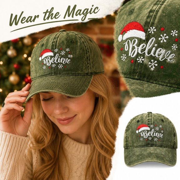 Baseball Caps For Unisex Vintage Washed Soft Crown Christmas Hat Believe Snowflake Santa Embroidery Sun Shading Headwear