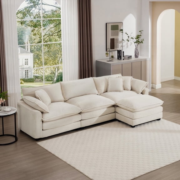 Epitome of Comfort | Sectional Sofa with Ottoman, Light Beige